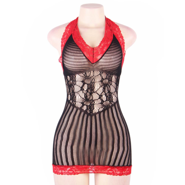 QUEEN LINGERIE CROCHET MALLA HUECO NEGRO Y ROJO CHEMISE SL - Imagen 5