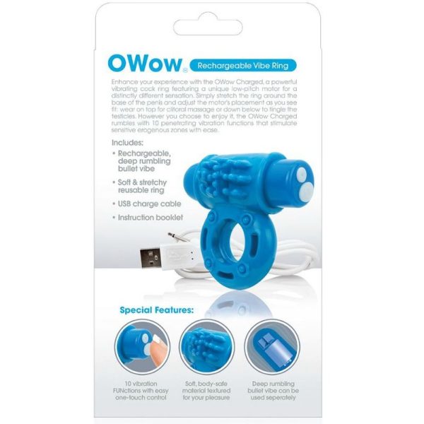 SCREAMING ANILLO VIBRADOR RECARGABLE WOW AZUL - Imagen 3